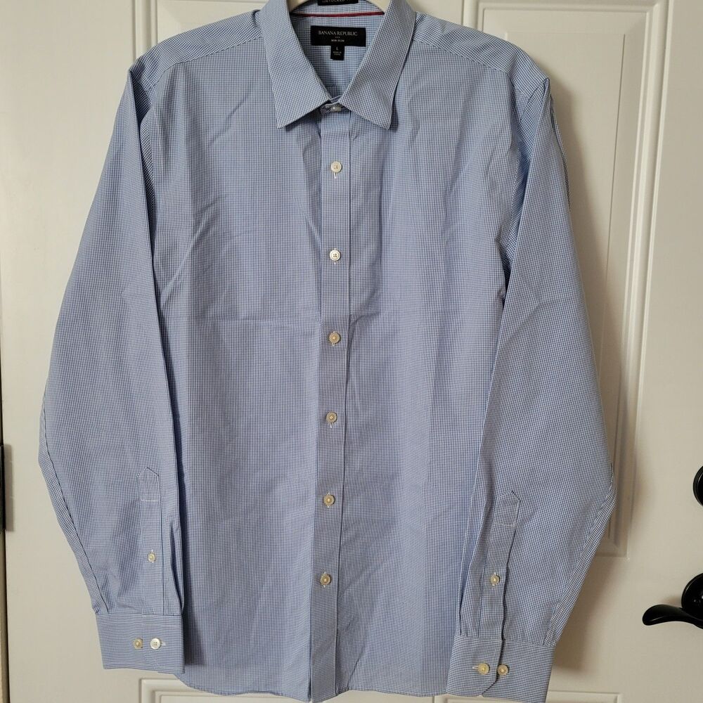 Banana Republic Men's Blue Plaid Button Down Shirt Sz 16-16 1/2 34-35" Long Slv